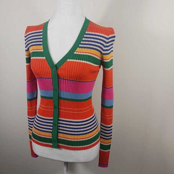 STAUD Cargo Cardigan, Ribbed Multi Color Stripes Stretch Knit, Size Small Fitted - Picture 5 of 15